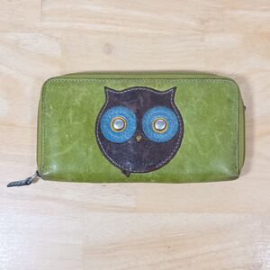 Fossil Green Owl Zipper Wallet Olive Leather Bill Card Clutch Embroidered Patch